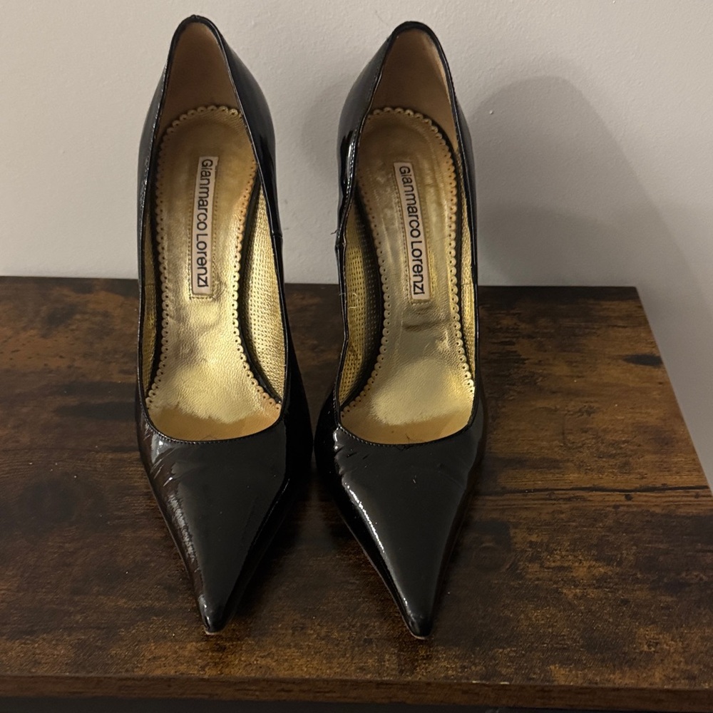 Gianmarco Lorenzi Black Patent Pointed-Toe Stiletto Pumps